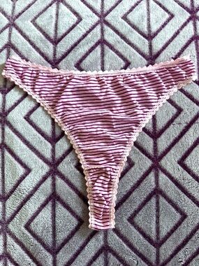 100% Cotton Thong Panties Pink & Maroon Horizontal Striped & Soft Pink Lace Trim